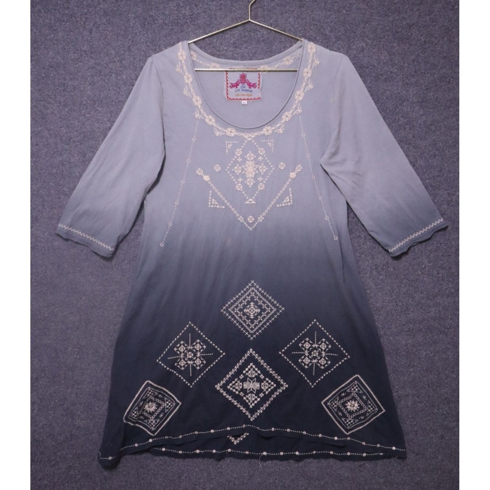 Johnny Was Dress Women XL Blue Multi Embroidered‎ Minin 3/4 Sleeve *FLAWED*